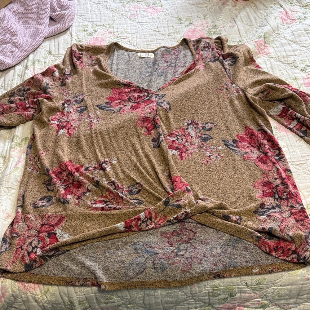 Maurices Brown V-Neck Twist-Front Floral Tunic with Pink Blooms
